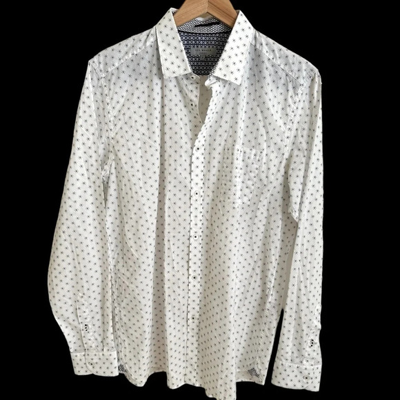 Ted Baker London size 5 Mens Button Up Printed Dress Shirt White Career Work - Picture 1 of 4